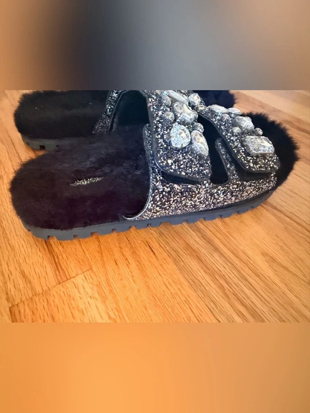 Michael Kors Black Faux Fur Jeweled Slide Sandals
